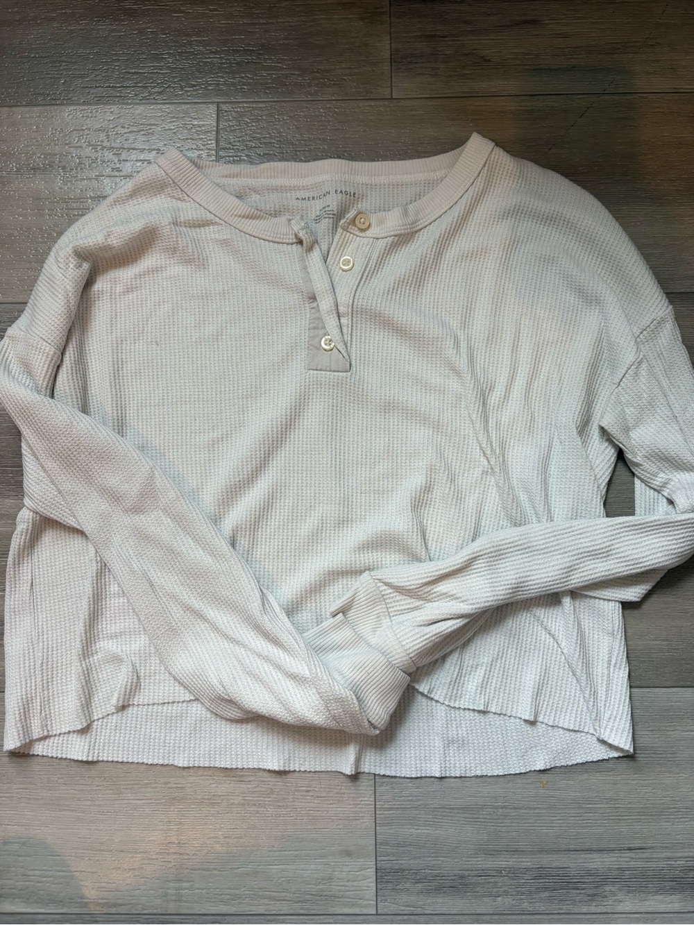 American Eagle Outfitters Light Cream Waffle Henley Long Sleeve Top